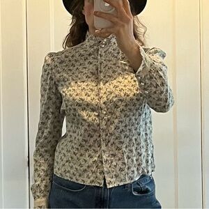 Vintage silk cotton prairie vibes floral faux pearl ribbon pleated gather blouse